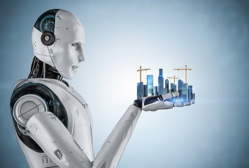 AI robot holding a city under construction in its hand