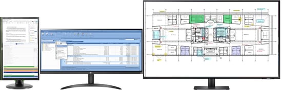 picture of takeoff on a computer screen, with an estimate on a second monitor, and DESTINI Bid Day on a tablet