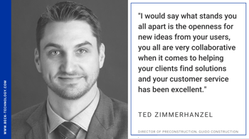Ted Zimmerhanzel, Director of Preconstruction at Guido headshot and quote about using DESTINI Estimator construction estimating software. 