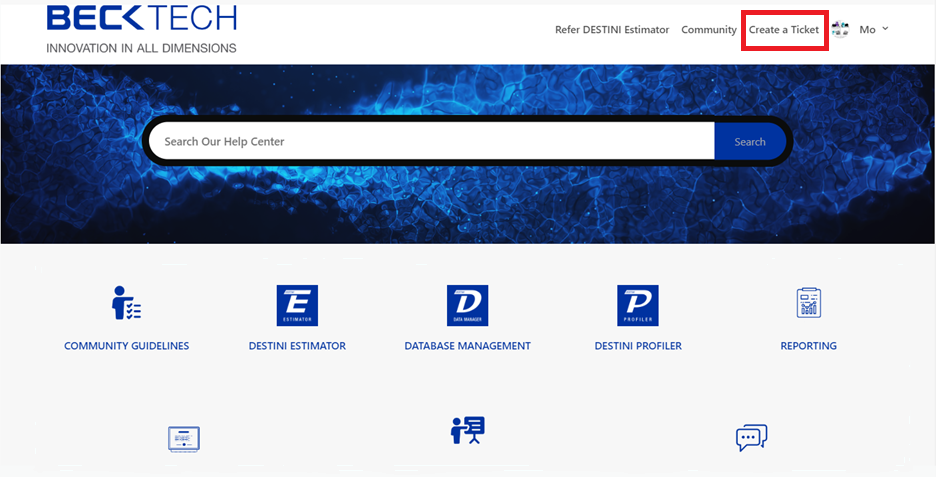 screenshot of where to open a support ticket in Beck Technology's Community