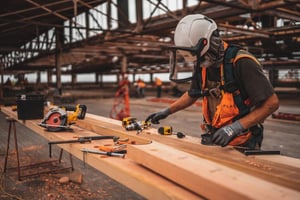 Construction worker measuring wood.