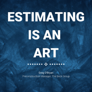 white words that say Estimating Is An Art against a blue background