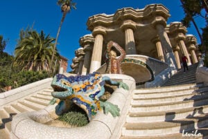Antoni Gaudí-designed ‘el droc’ mosaic salamander at the entrance of Park Güell in Barcelona, Spain