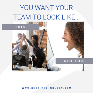 office meme showing a happy team giving high five and unhappy team with "You want your team to look like this...and not this" text