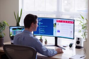 man sitting at desk with multiple computer screens