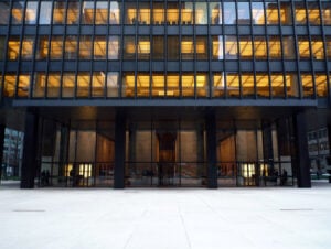 close up of the whiskey-colored windows of the Seagram Building