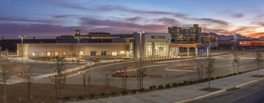 Green building construction VA Clinic in El Paso, Texas at sunset