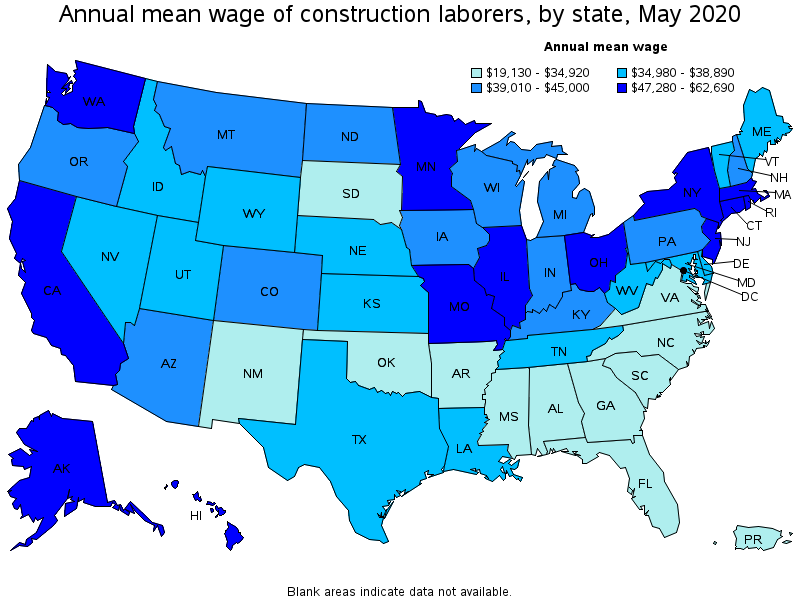 map of the United States showing the differences in the average wage of construction laborers