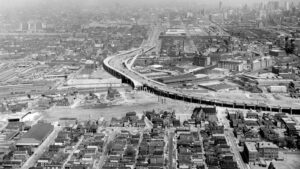 black and white image of the beginnings of the interstate highway in Chicago