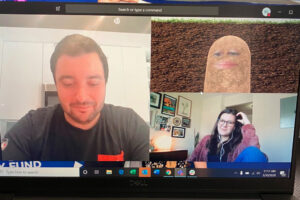 Screen capture of a virtual meeting when the boss accidentally turned herself into a potato.