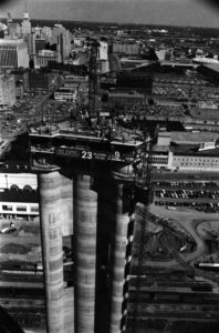 Black and white photo of Dallas' Reunion Tower in the 1970s.