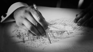black and white shot of man's hands drawing upside down on paper