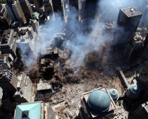 aerial view of the World Trade Center melting and burning