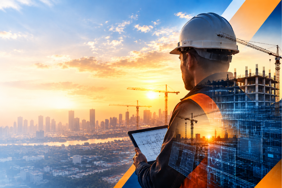 A construction professional reviews building plans overlooking a city and active construction site