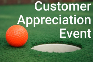 orange Thank You customer appreciation text on blue swirl background