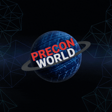 Precon World logo on moving background