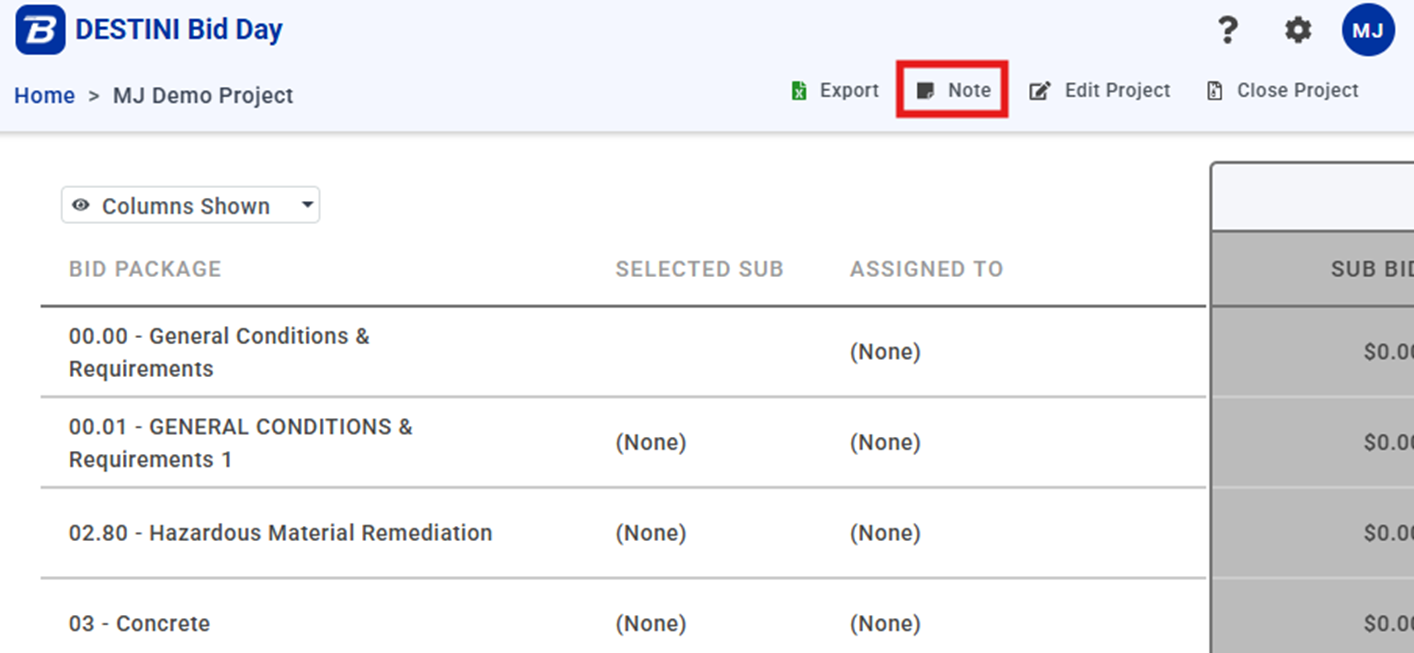 Enter and Compare Subcontractor Bids